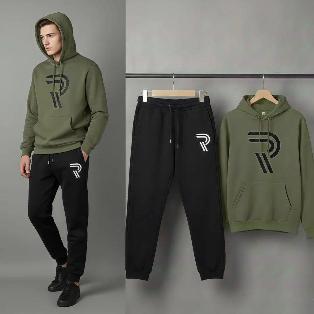 Men's Green Printed Fleece Hoodie Track Suit