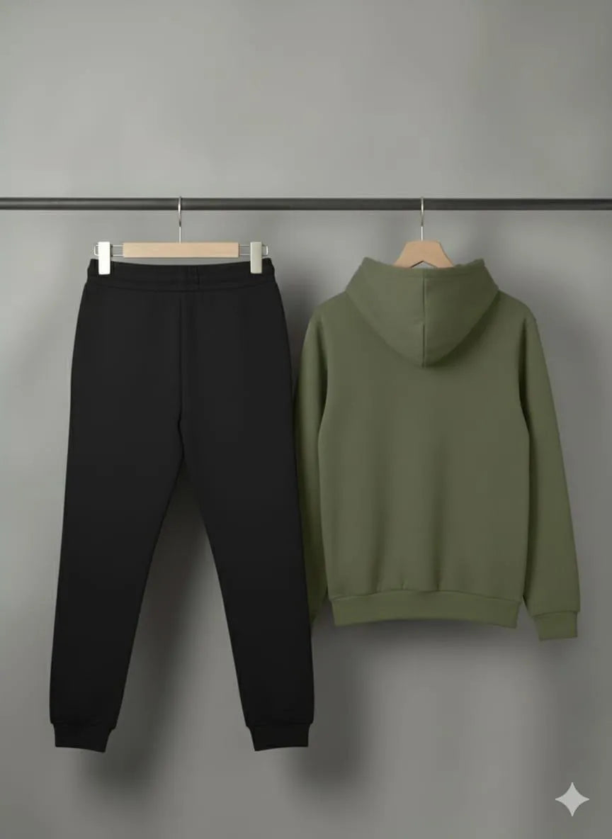 Men's Green Printed Fleece Hoodie Track Suit